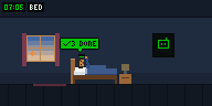 A pixel-art bedroom in the morning: a developer lies in bed with his phone, and a speech bubble over his head says “3 DONE”. It is the first scene of his day with Webmux.